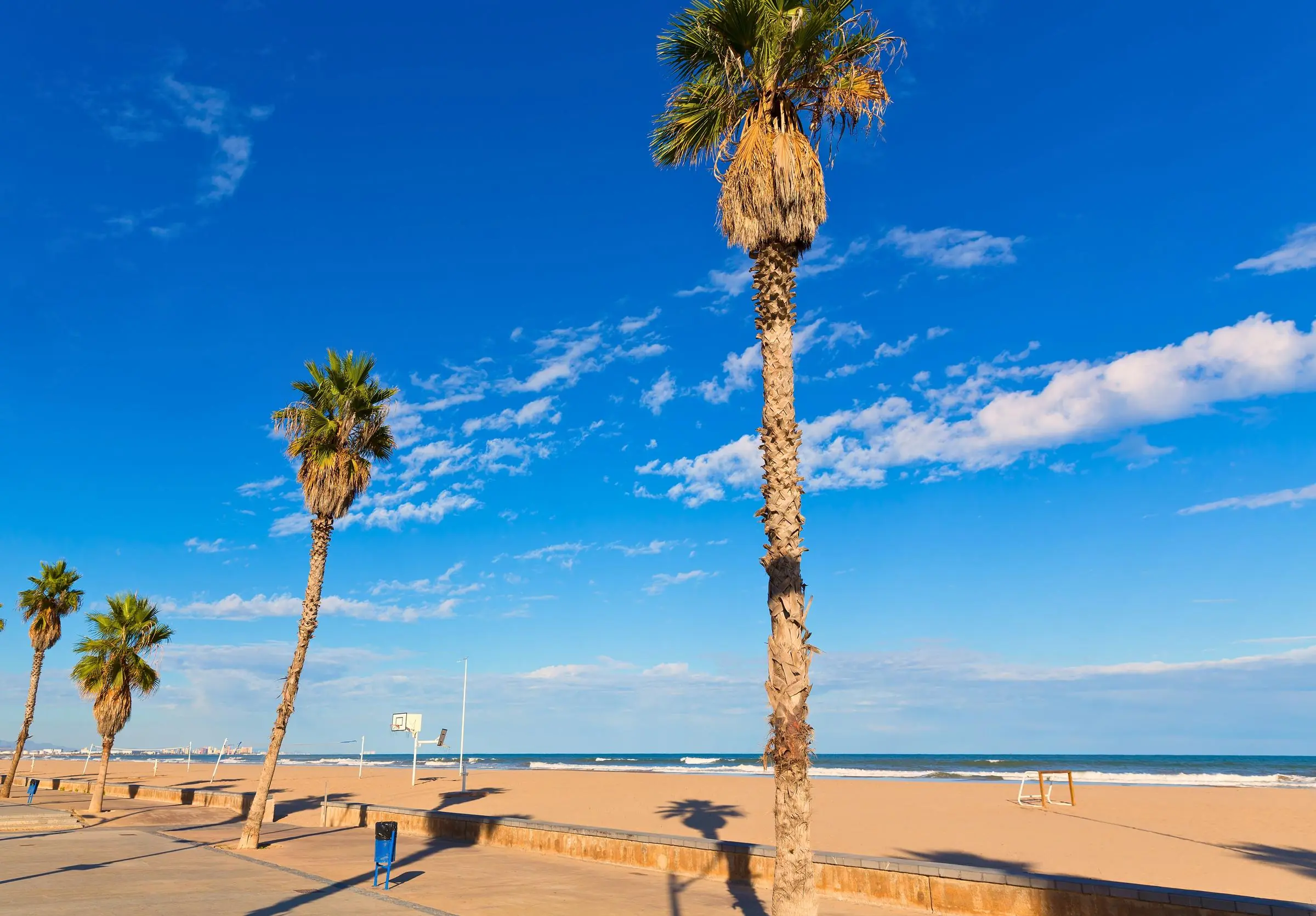 The wide golden sands and palm-lined promenade of Malvarrosa Beach in Valencia
