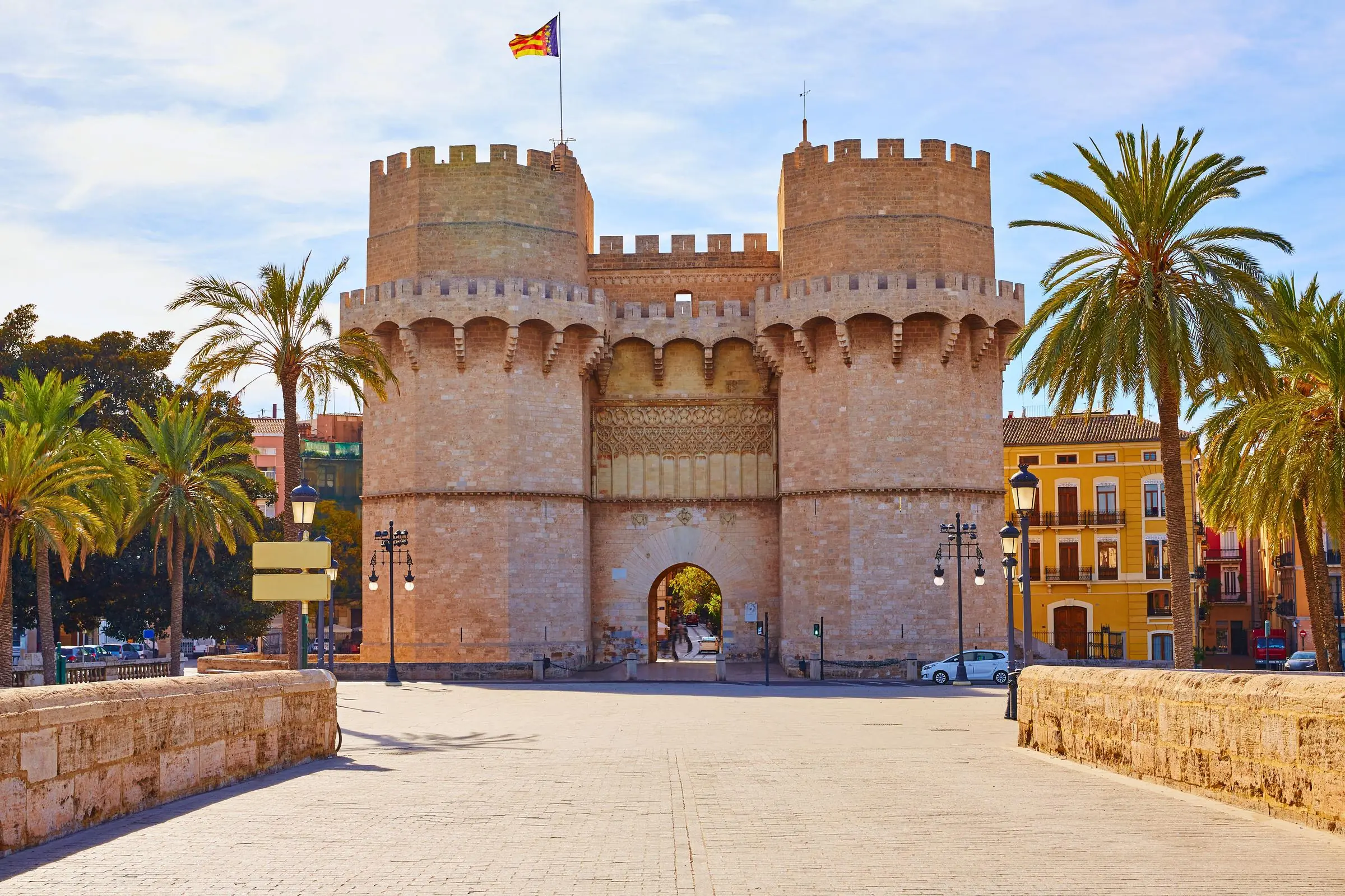 Serranos Towers Valencia The imposing stone facade of the Serranos Towers facing the Turia Gardens in Valencia
