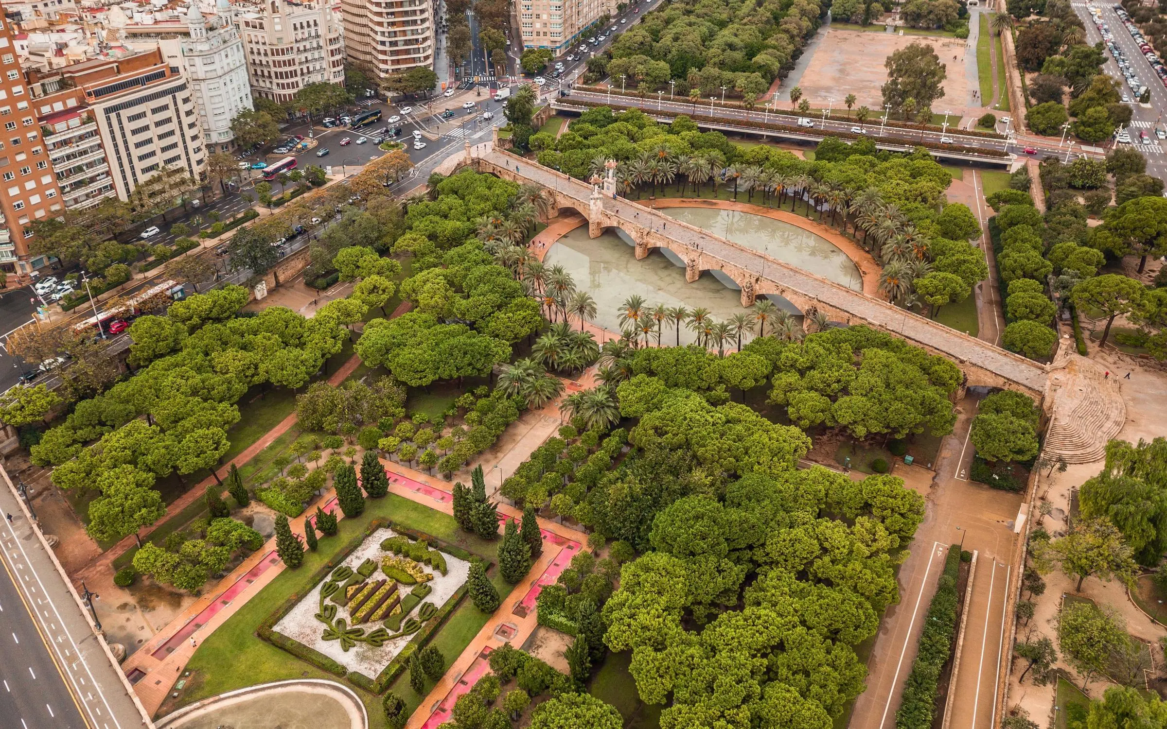 Aerial view of Turia Gardens winding through Valencia